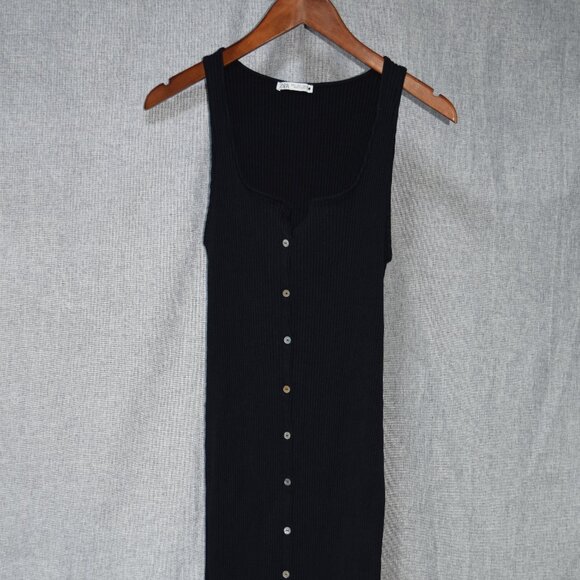 ZARA Black Ribbed Knit Button-Front Midi Dress - Picture 1 of 3